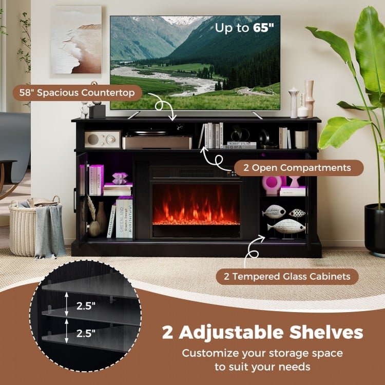 58 Inch Fireplace TV Stand with LED Lights with Storage Cabinets and Glass Doors-Black