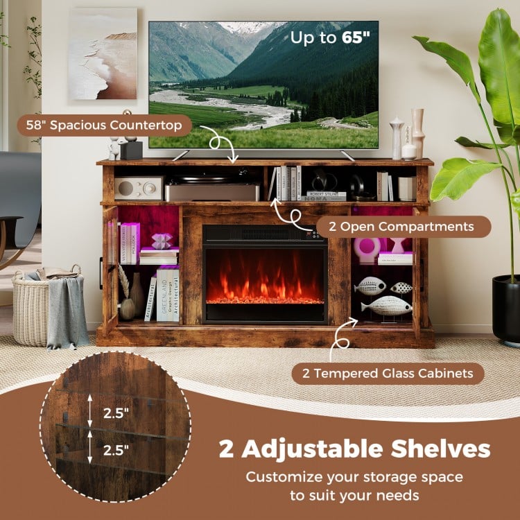 58 Inch Fireplace TV Stand with LED Lights with Storage Cabinets and Glass Doors-Rustic Brown