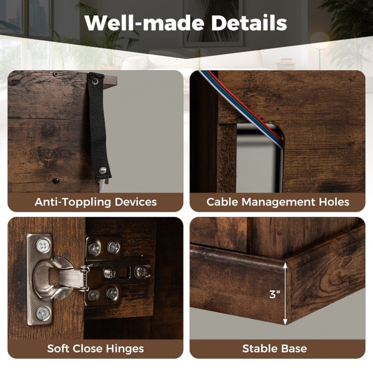 58 Inch Fireplace TV Stand with LED Lights with Storage Cabinets and Glass Doors-Rustic Brown