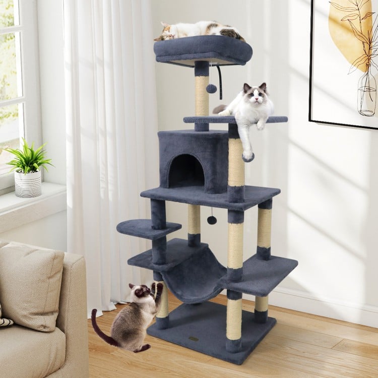 58" Multi-Level Cat Tree Soft Plush Cat Tower with Padded Top Perch-Grey