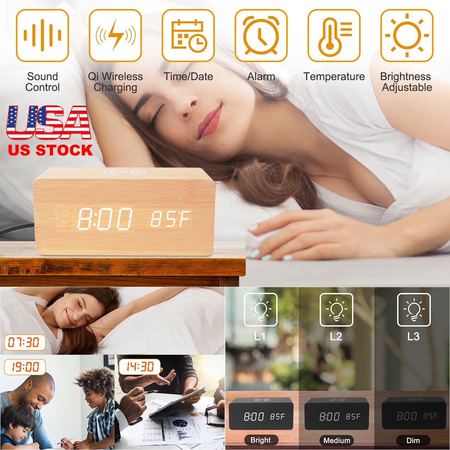 Digital Alarm Clock Qi-Wireless Charger Time Temperature Calendar Display Clock w/ Voice Control Brightness Adjustment (Bamboo Color) 