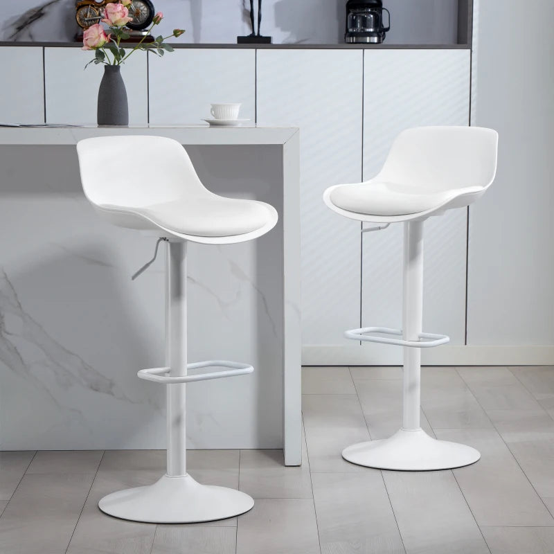 Counter Height Bar Stools Set of 2, Streamlined Bar Chairs with Adjustable Height and Swivel PU Leather Seat, White
