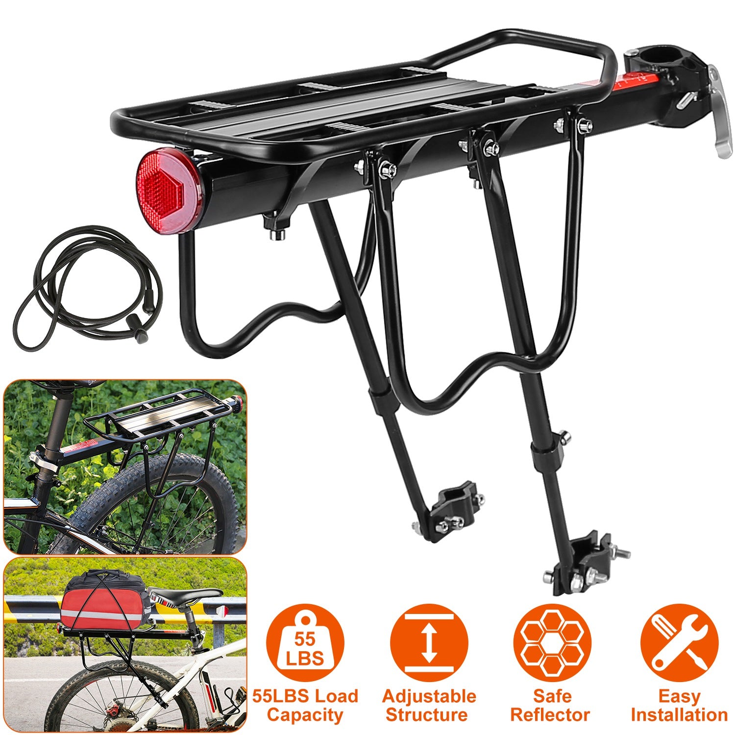 Bike Cargo Rack Adjustable Bicycle Rear Rack Cycling Luggage Carrier with Elastic Cord Red Reflector 55LBS Load Capacity