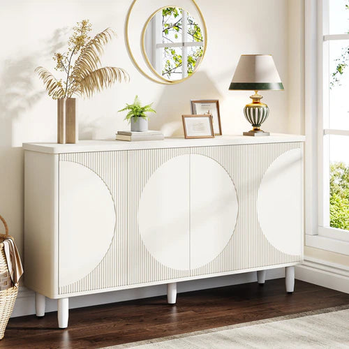 Sideboard Buffet 59.4" White Credenza Storage Cabinet with Doors 4-Tier Shelves Modern Contemporary Design for Dining Room Storage