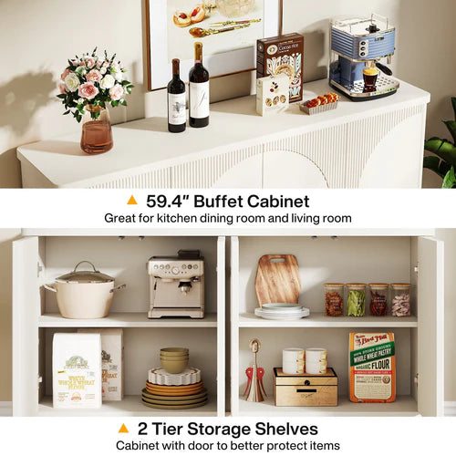Sideboard Buffet 59.4" White Credenza Storage Cabinet with Doors 4-Tier Shelves Modern Contemporary Design for Dining Room Storage