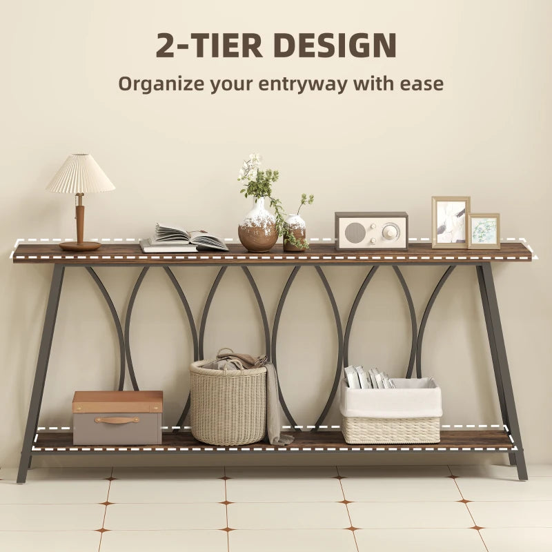 71" Console Table, Industrial 2-Tier Narrow Entryway Table with Metal Frame for Living Room, Hallway, Rustic Brown