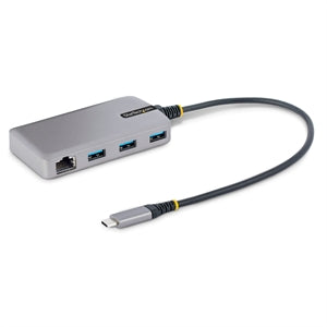 3-Port USB-C Hub with Ethernet, 3x USB-A Ports, GbE, 5Gbps, Bus-Powered, 1ft/30cm Cable, Portable USB Type-C Expansion Hub 