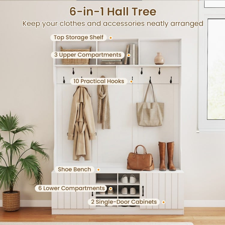 59" Wide 6-in-1 Hall Tree with Bench and Storage-White