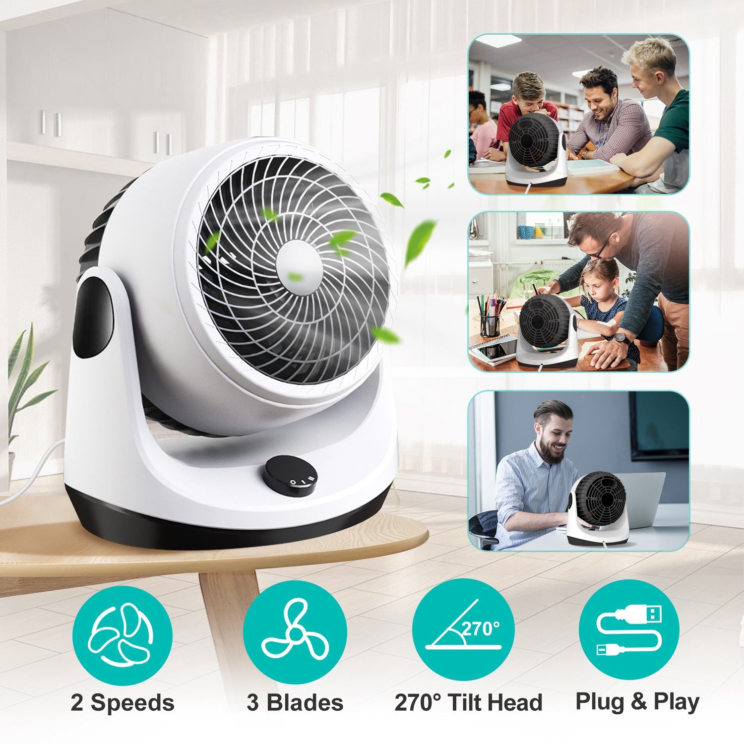 Table Desktop Fan Air Circulator Office Fan with 2 Speeds 270° Adjustable Head USB Plug Play for Room Office Kitchen Office