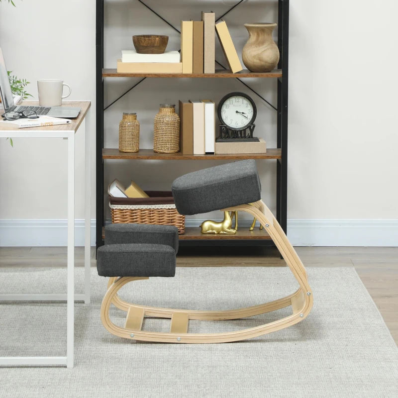 Ergonomic Kneeling Chair, Wood Kneel Stool with Thick Pads, Desk Knee Chair, Improve Posture, Dark Grey