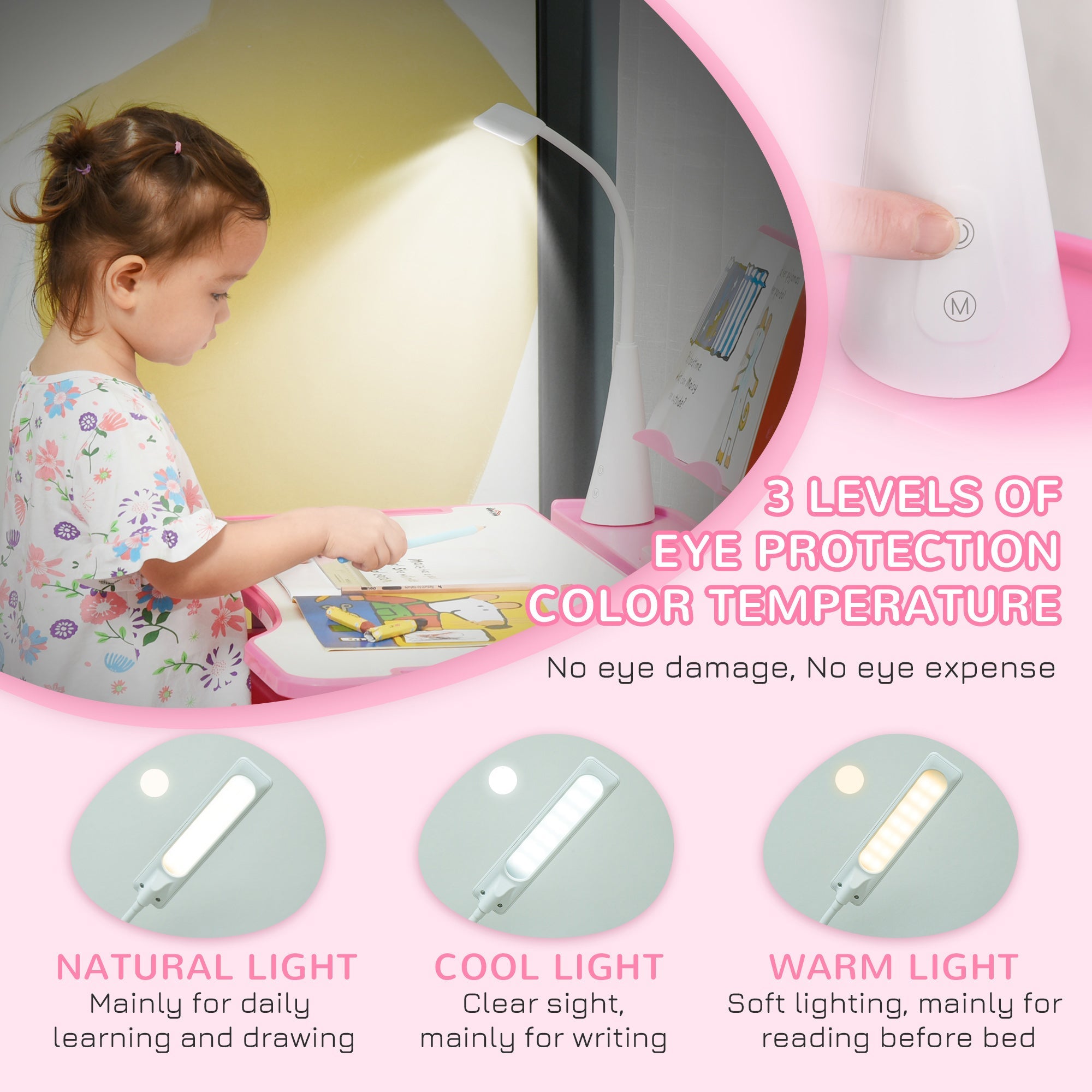 Qaba Adjustable Kids Desk Chair Set with Tilt Desktop LED Lamp Pink for Student Study Comfort 