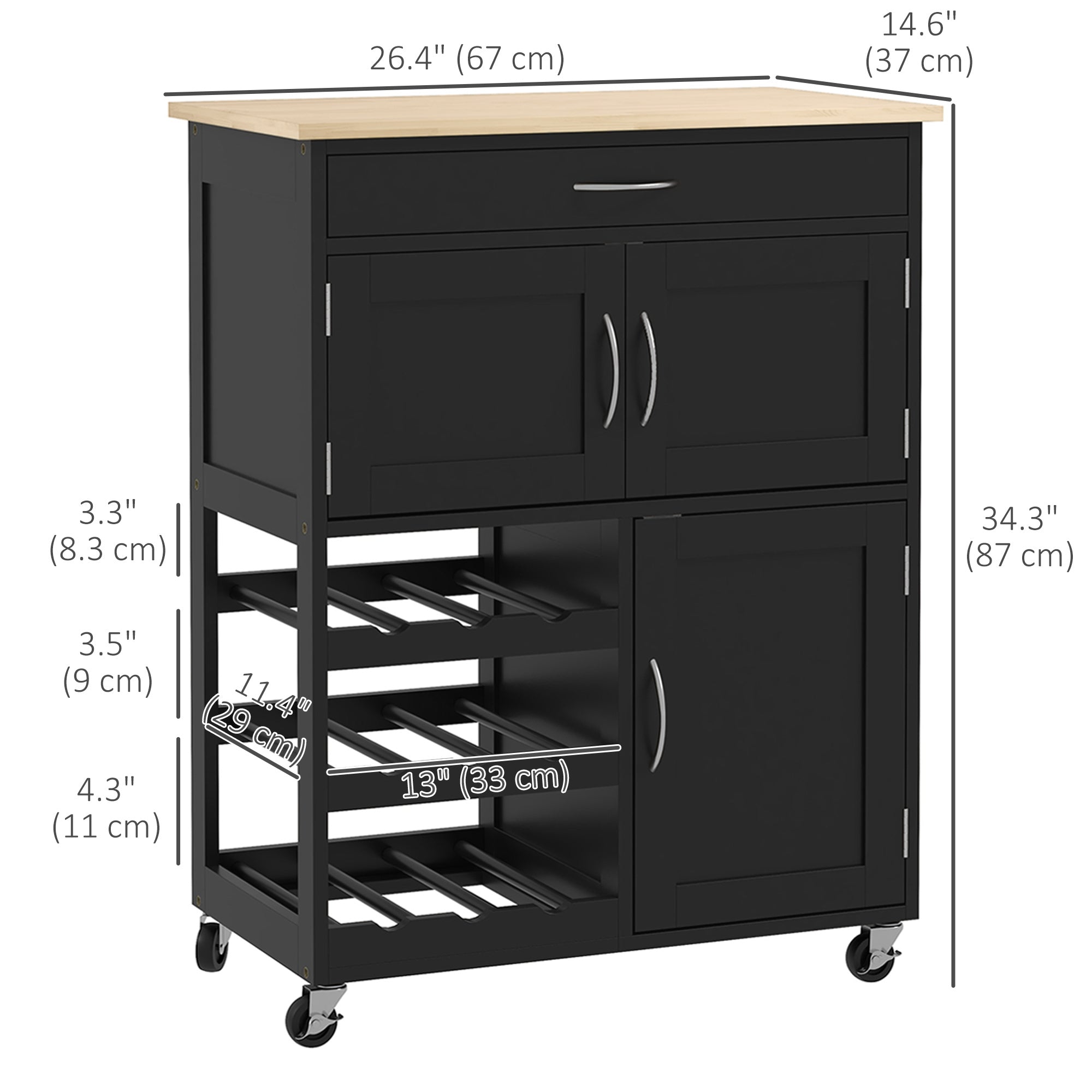 HOMCOM Kitchen Entertainer: Black Rolling Trolley with Storage Drawer, 9-Bottle Wine Rack Cabinet, Wooden Top 