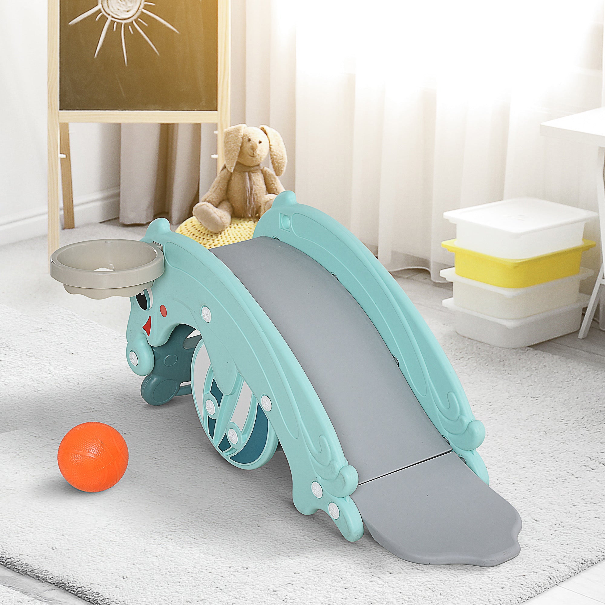 Qaba 3-in-1 Kids Slide Rocking Horse Activity Equipment Portable Green for Ages 3-5 