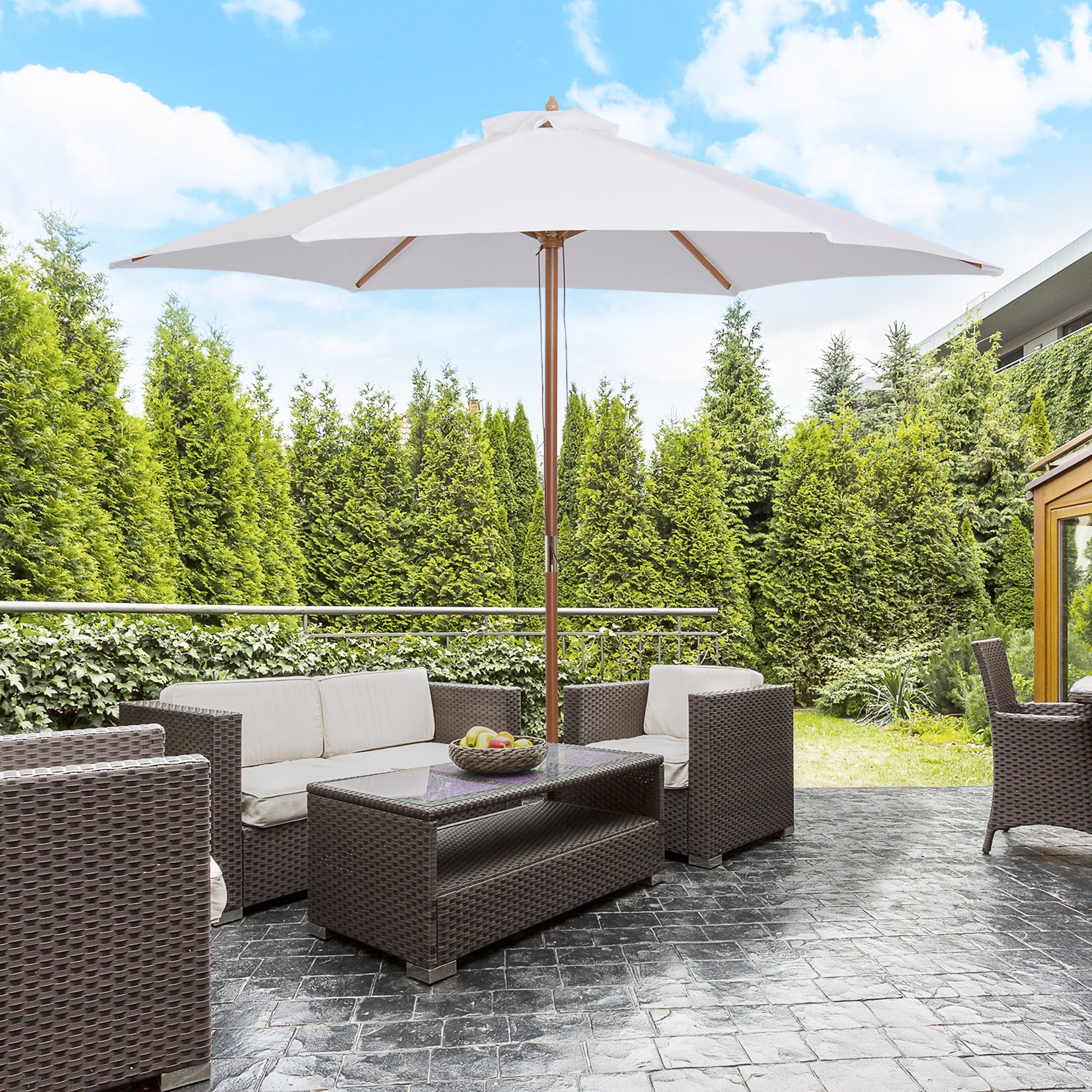 Outsunny Market Outdoor Patio Wood Sun Umbrella ⌀9' x 8' H Sunshade Garden Parasol UV Protection Beige 