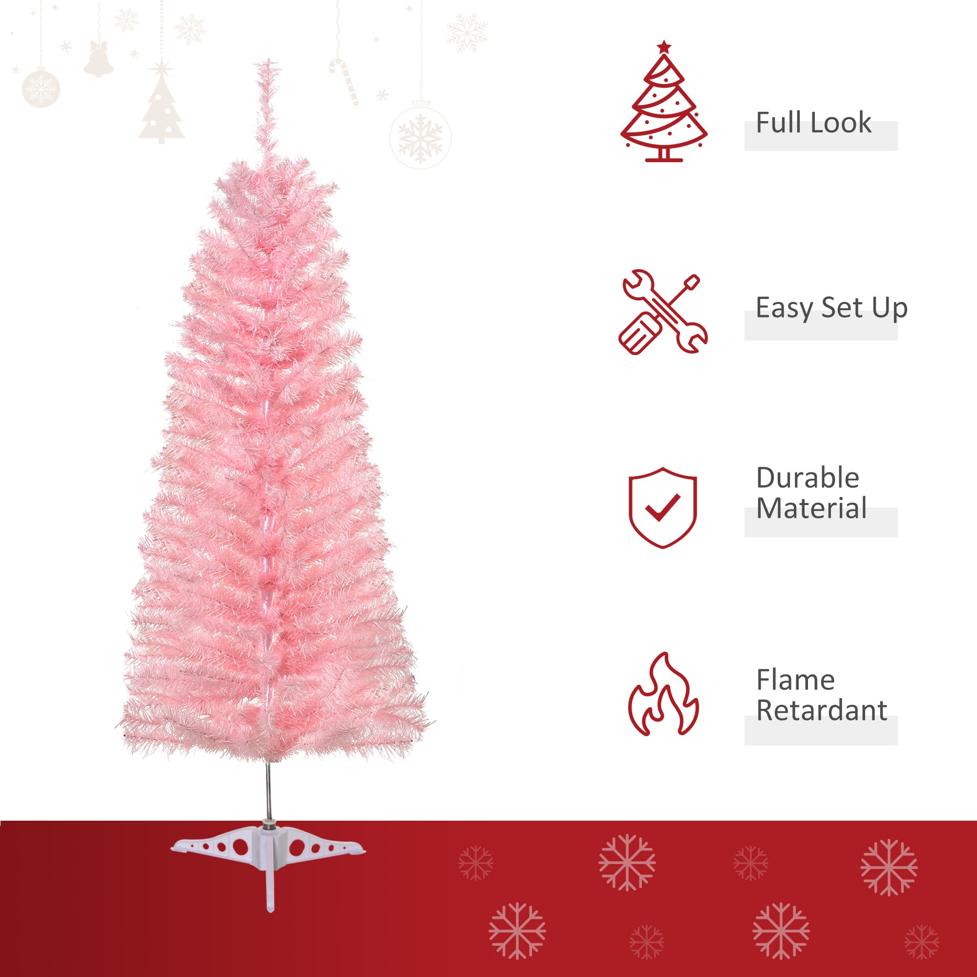 HOMCOM 4FT Artificial Christmas Tree Holiday Xmas Holiday Pencil Tree Decoration with Automatic Open for Home Party, Pink 
