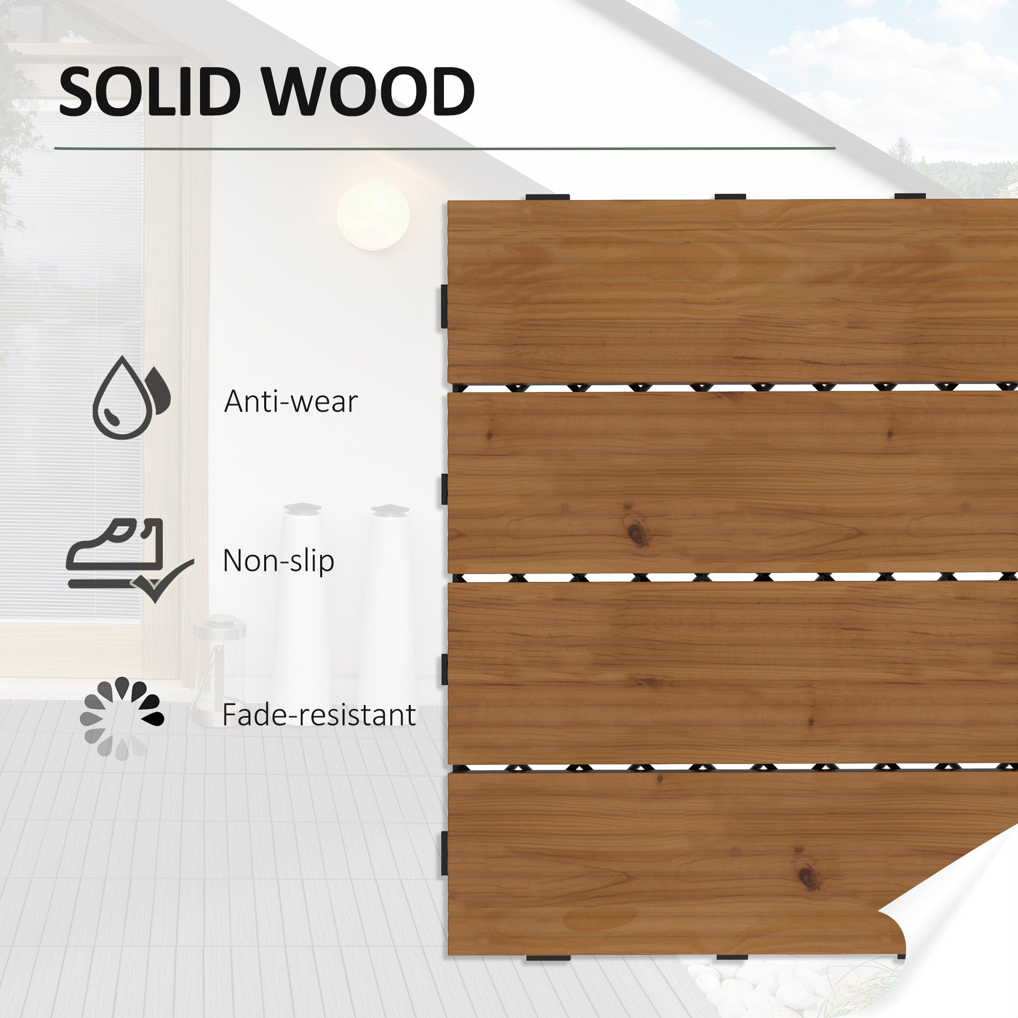 Outsunny 12pc Wooden Patio Decking Tiles Interlocking Outdoor Flooring for All-Weather Brown 