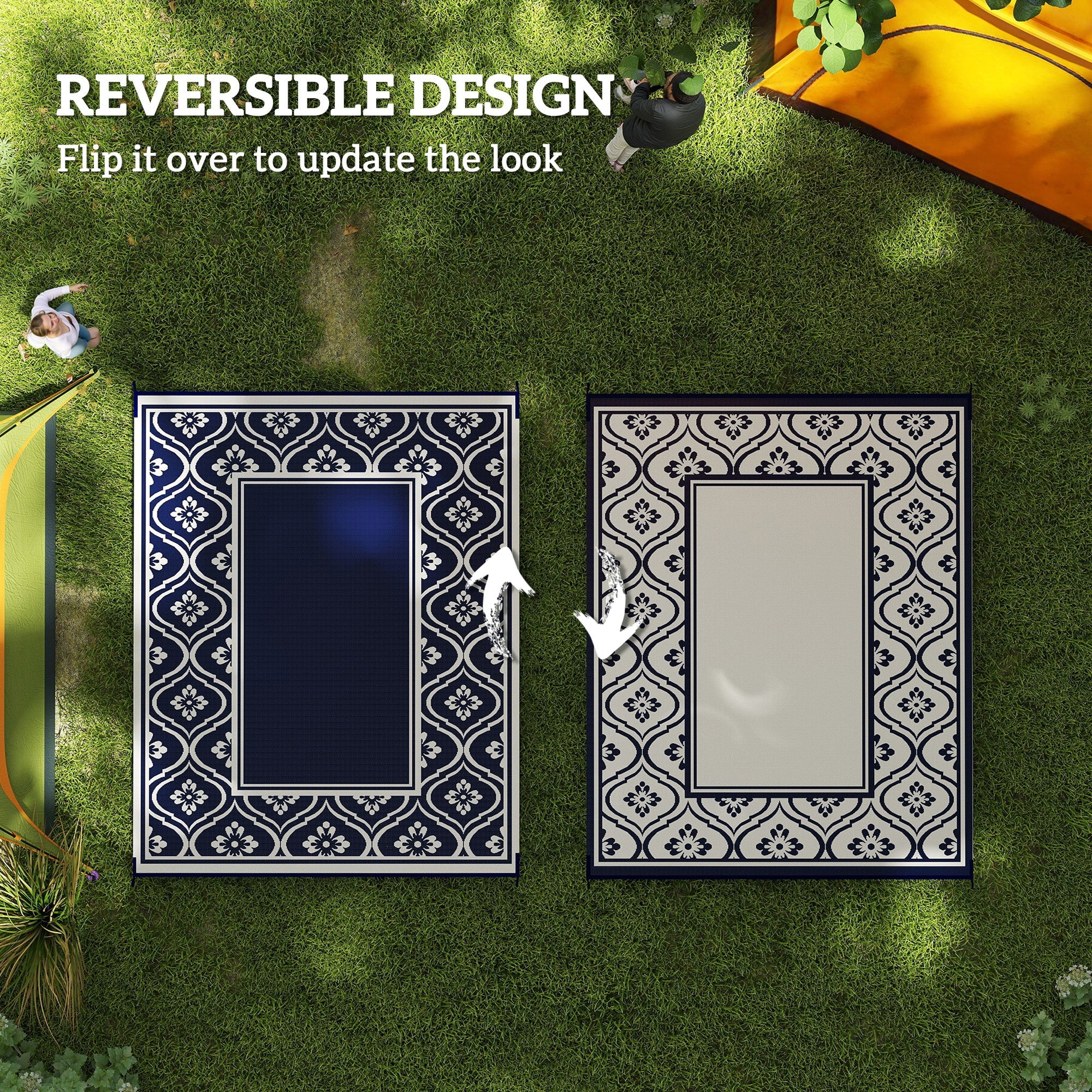 Outsunny 8' x 10' Outdoor RV Rug, Reversible Patio Floor Mat with Carry Bag, Gourd Border, Blue and White 