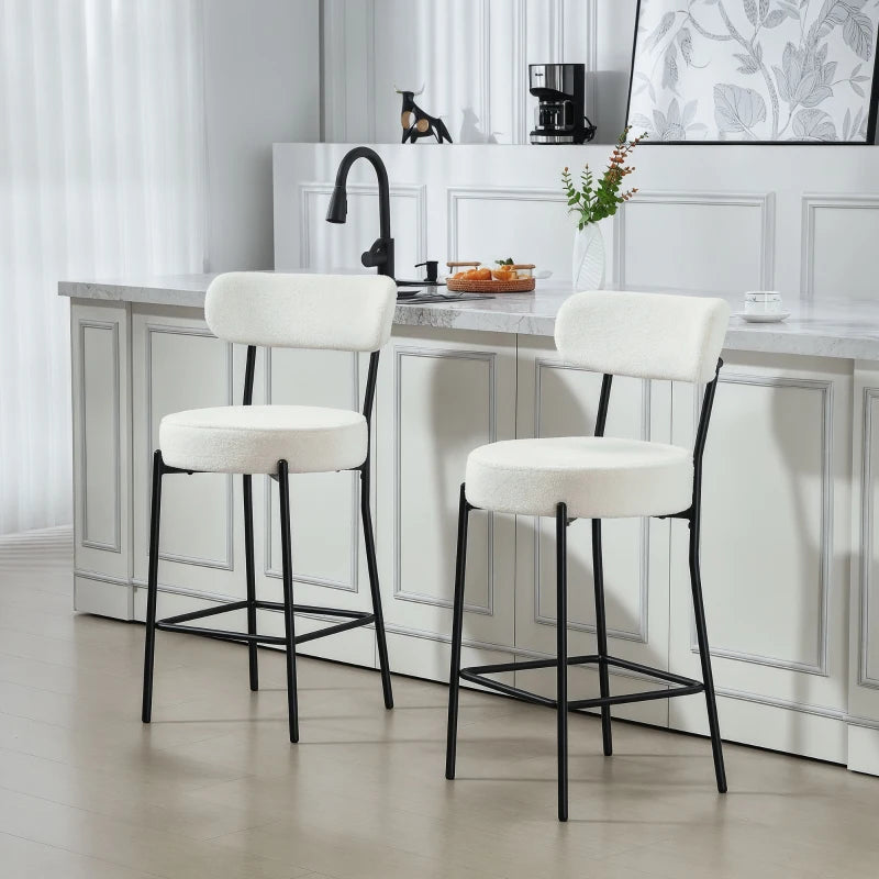 Set of 2 Barstools, Upholstered Bar Stools with Backrest, Footrest for Kitchen Island, Dining Room, Cream White