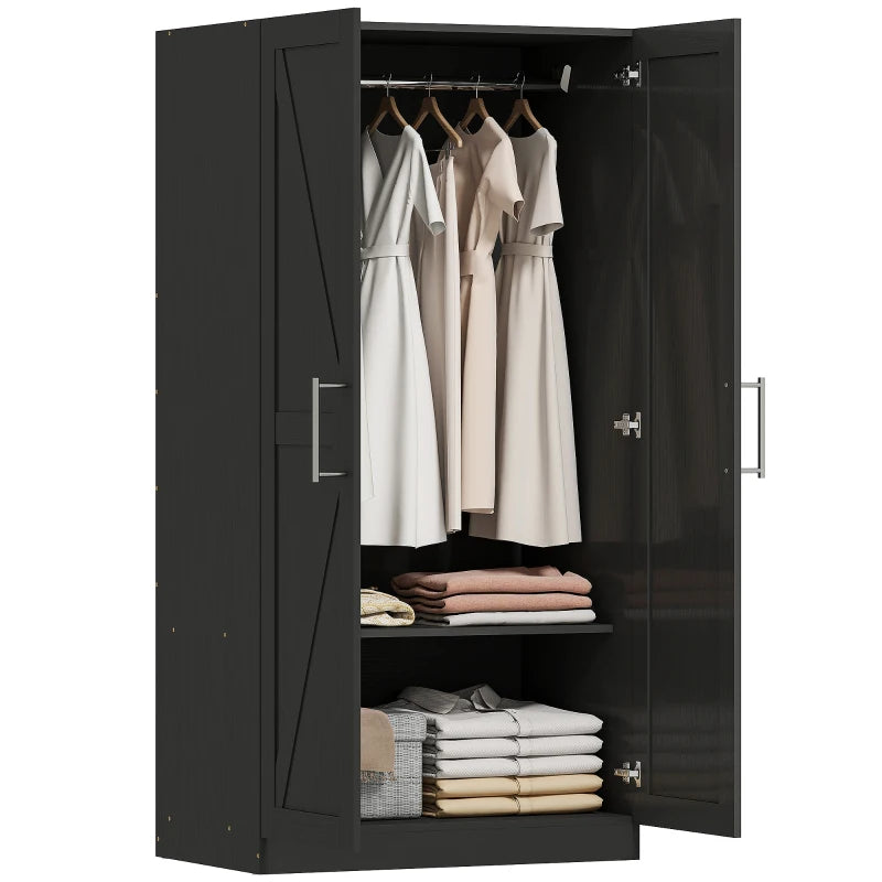 Wardrobe Cabinet with 2 Barn Doors and Hanging Rod, Farmhouse Armoire Wardrobe Closet for Bedroom, Black Wood Effect