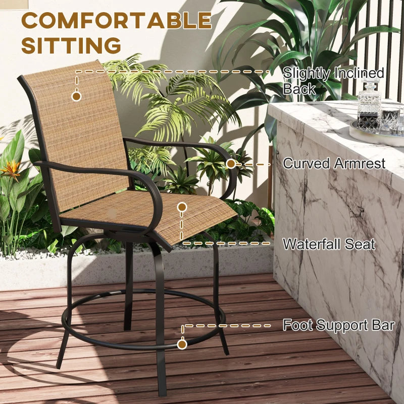 Outdoor Bar Stools Set of 2, 360° Swivel Bar Height Chairs, 26.8" x 29.5" x 48.4", Brown