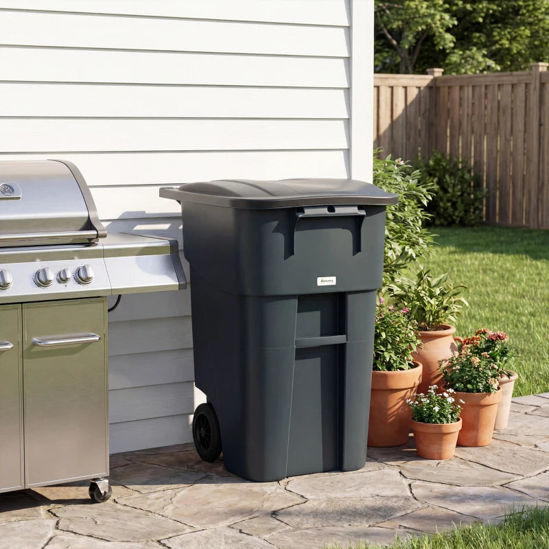 Outdoor Garbage Bin with Lid and Wheels, 53 Gallon Large Trash Can Garbage Can with Handle for Patio, Yard, Dark Grey