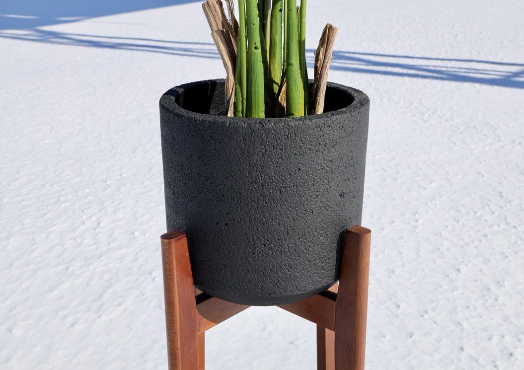 Neri Black Mid- Century Cement Planter With Wooden Stand 