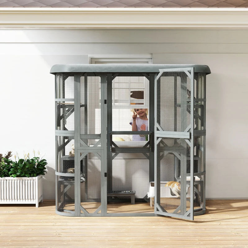 Catio Outdoor Cat Enclosure, 71" Wooden Cat House with Platforms, Condos and Waterproof Cover for 2–3 Kittens, Grey