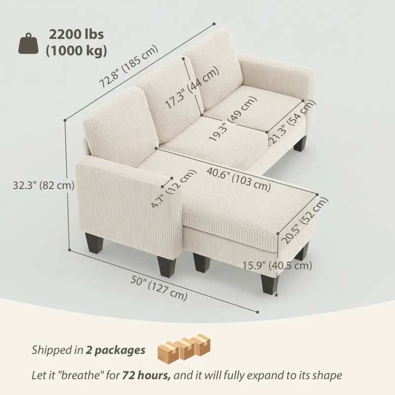 Sectional Sofa, L Shaped Couch, with Changeable Chaise or Ottoman, Cream White