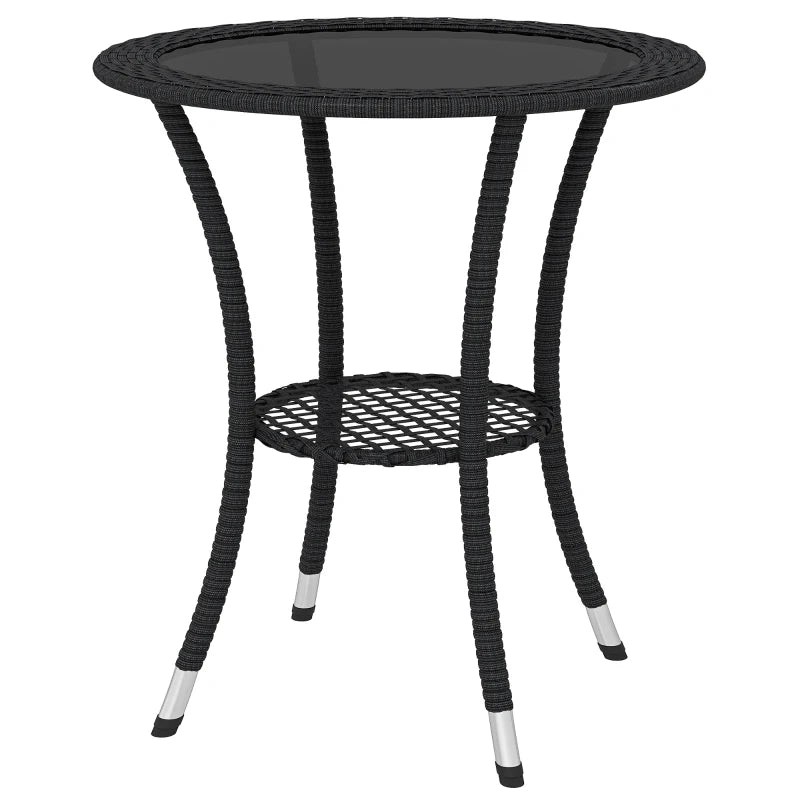 Outdoor Rattan Dining Table, Patio Wicker Round Coffee Table with 2-Tier Storage Shelf, Black