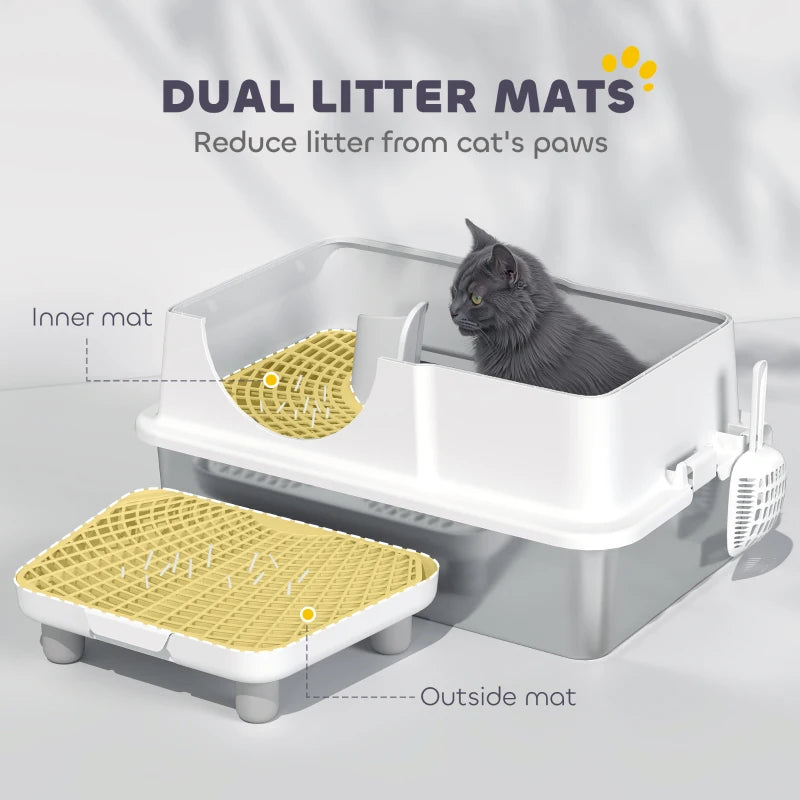 Extra Large Stainless Steel Cat Litter Box w/ High Sided, Removable Lid, Mats, Scoop, Odor Free, Non-Sticky, Leakproof