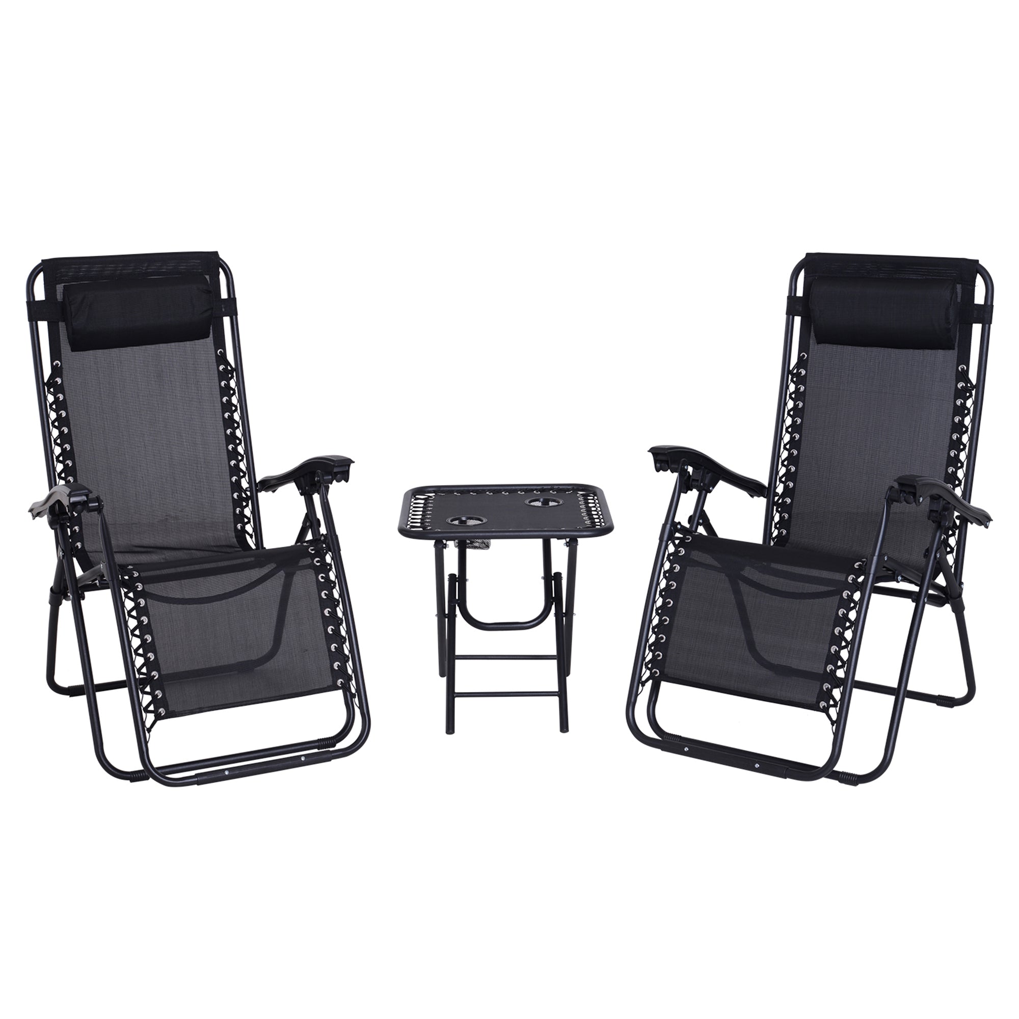 Outsunny Zero Gravity Serenity: 3pcs Patio Chaise Lounge Chair Set with Side Table, Cup Holder, Black Finish 