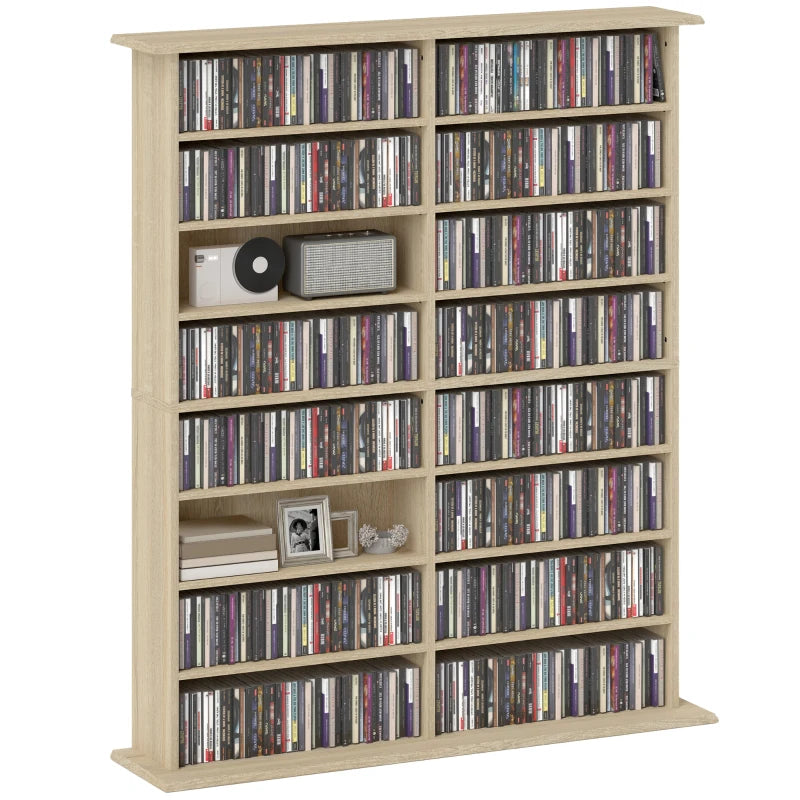 8-Tier DVD Shelf with 12 Adjustable Shelves, Double CD Shelf, Holds 720 CDs, 396 DVDs or 396 Blu-rays, Natural Wood