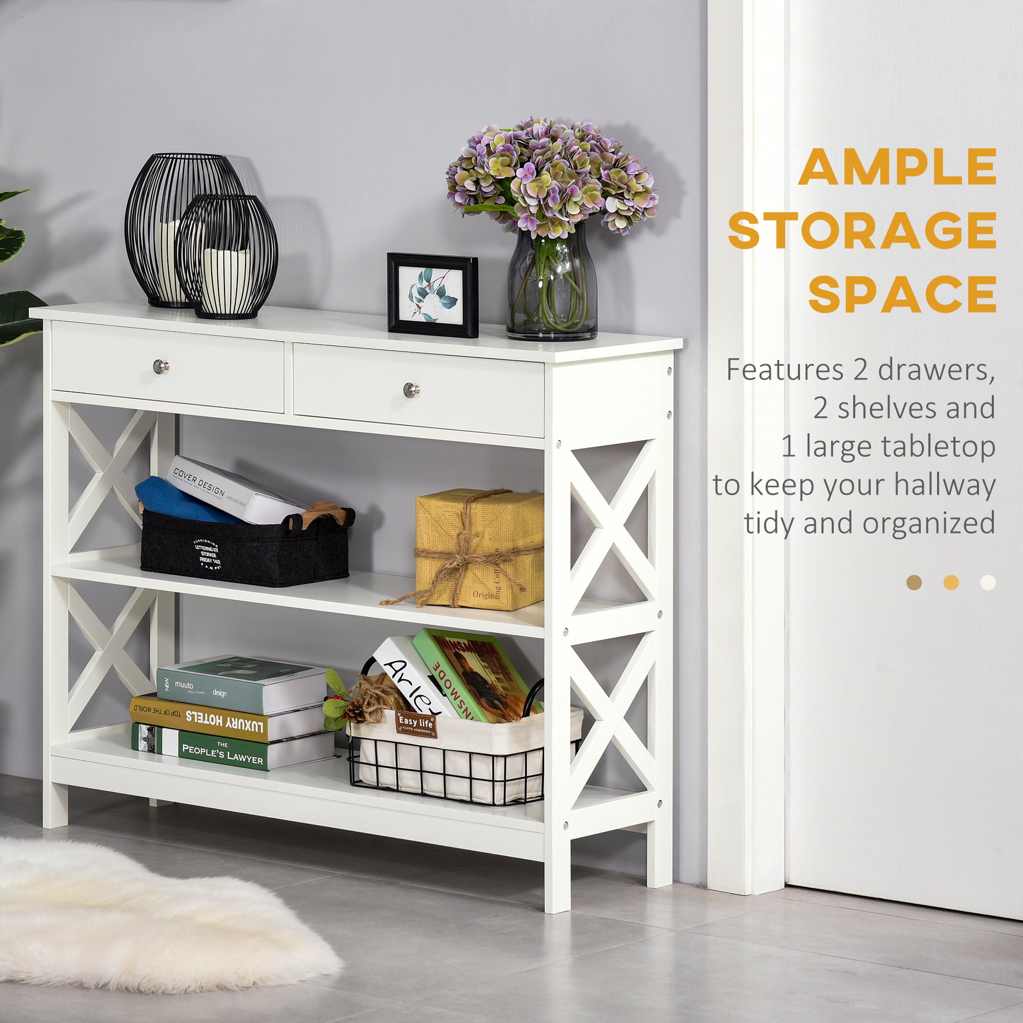 HOMCOM X-Frame Console Table: Sofa Side Table with Storage Shelves & Drawers, Living Room/Entryway, White 