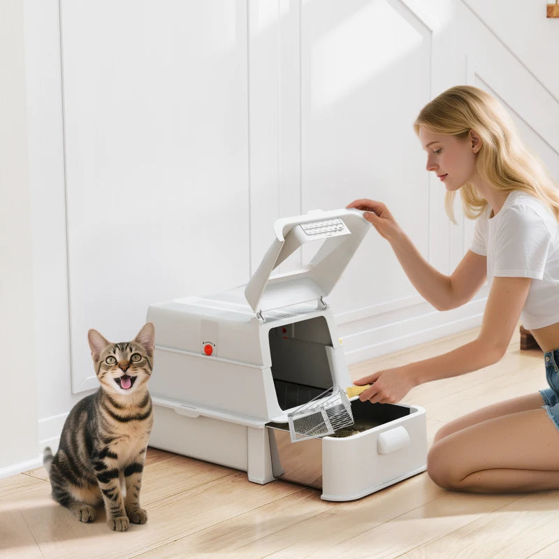 80L XL Stainless Steel Cat Litter Box for Big Cats with Flip Cover, Pull-Out Drawer Tray, High Sided, Pedal, Light Grey