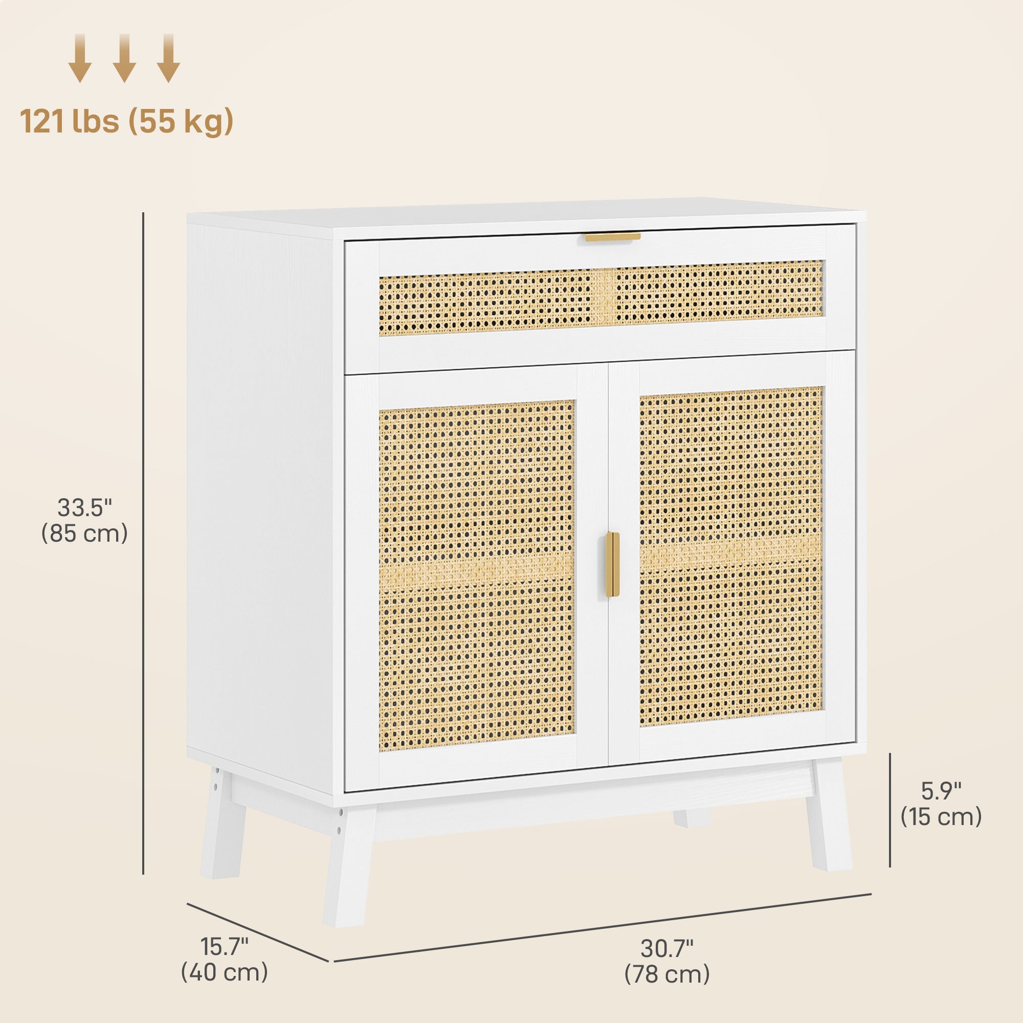 HOMCOM Boho Sideboard Storage Cabinet with Rattan Doors, White 