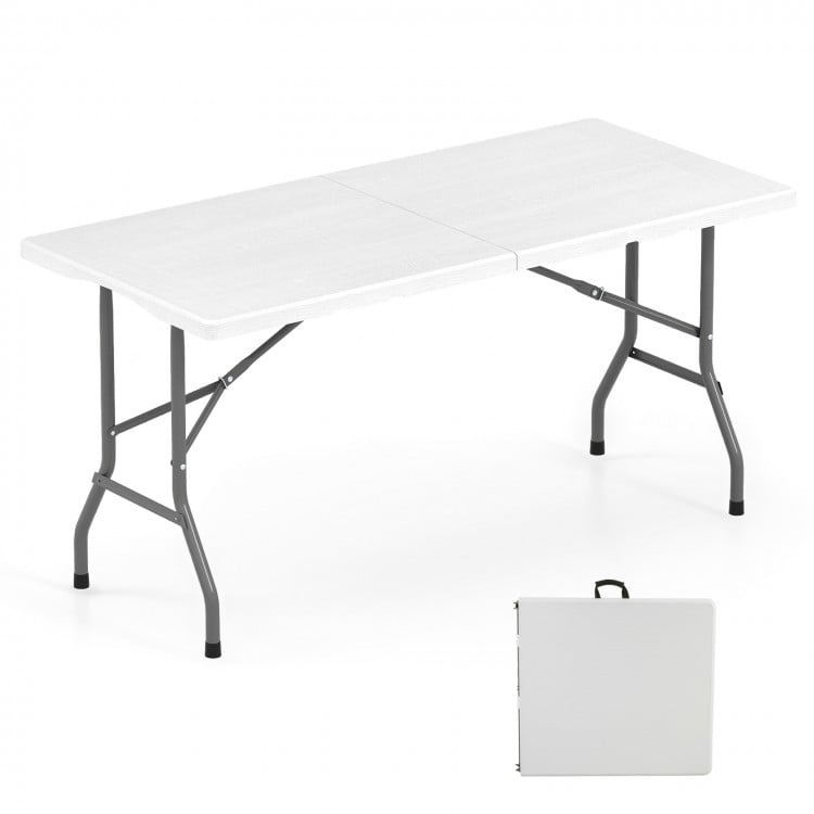 5FT Folding Picnic Table with Wood Grain HDPE Tabletop and  Non-slip Foot Pads-White