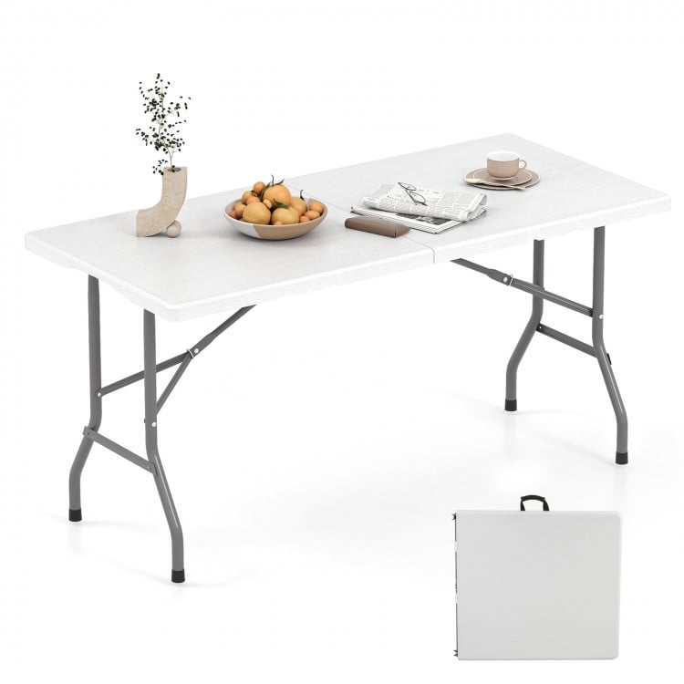 5FT Folding Picnic Table with Wood Grain HDPE Tabletop and  Non-slip Foot Pads-White