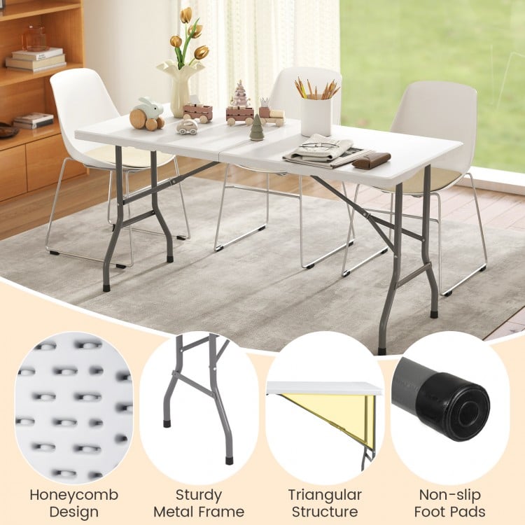 5FT Folding Picnic Table with Wood Grain HDPE Tabletop and  Non-slip Foot Pads-White