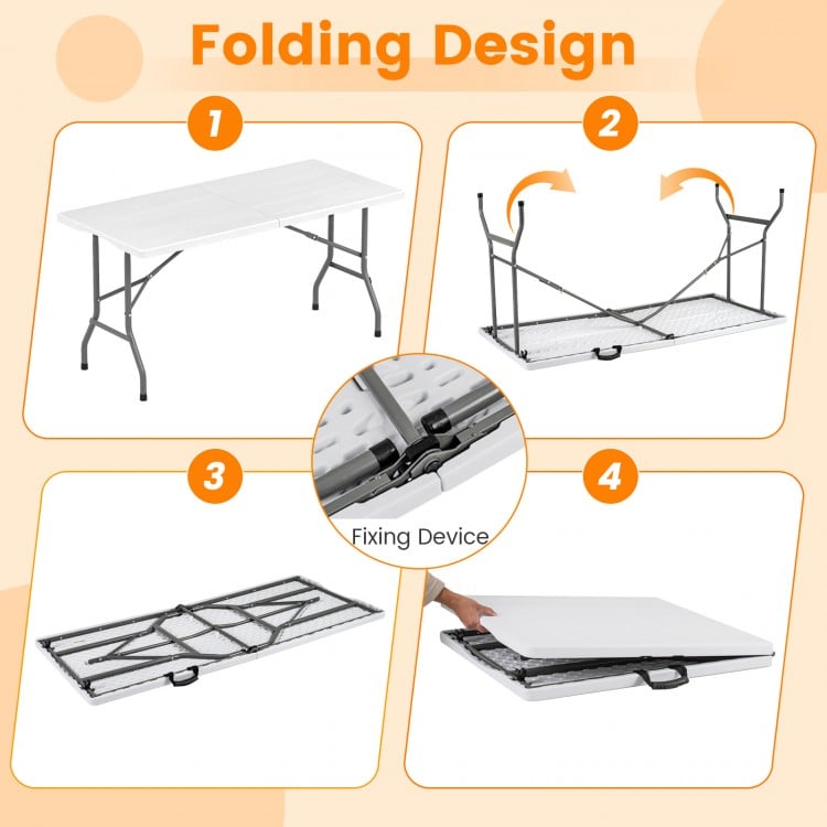 5FT Folding Picnic Table with Wood Grain HDPE Tabletop and  Non-slip Foot Pads-White