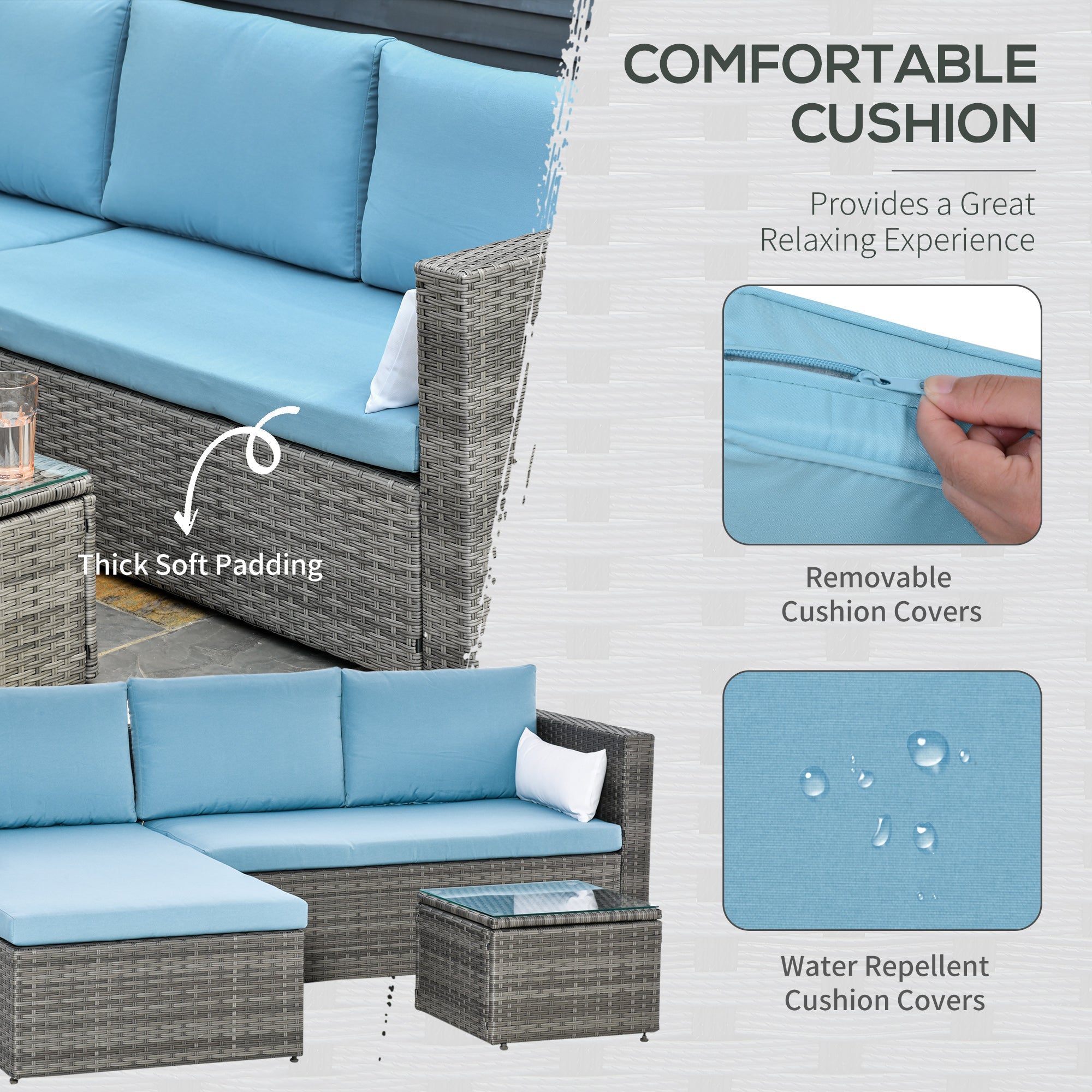 Outsunny 3-Piece Modern Outdoor Patio All-hand Woven Rattan Wicker Furniture Patio Coffee Table Sofa Set - Blue 
