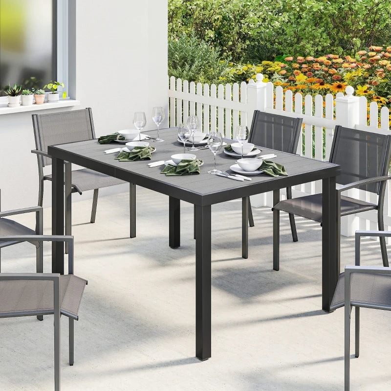 Rectangular Patio Table for 6, Outdoor Dining Table with Wood-Plastic Composite Top and Steel Frame for Garden, Grey