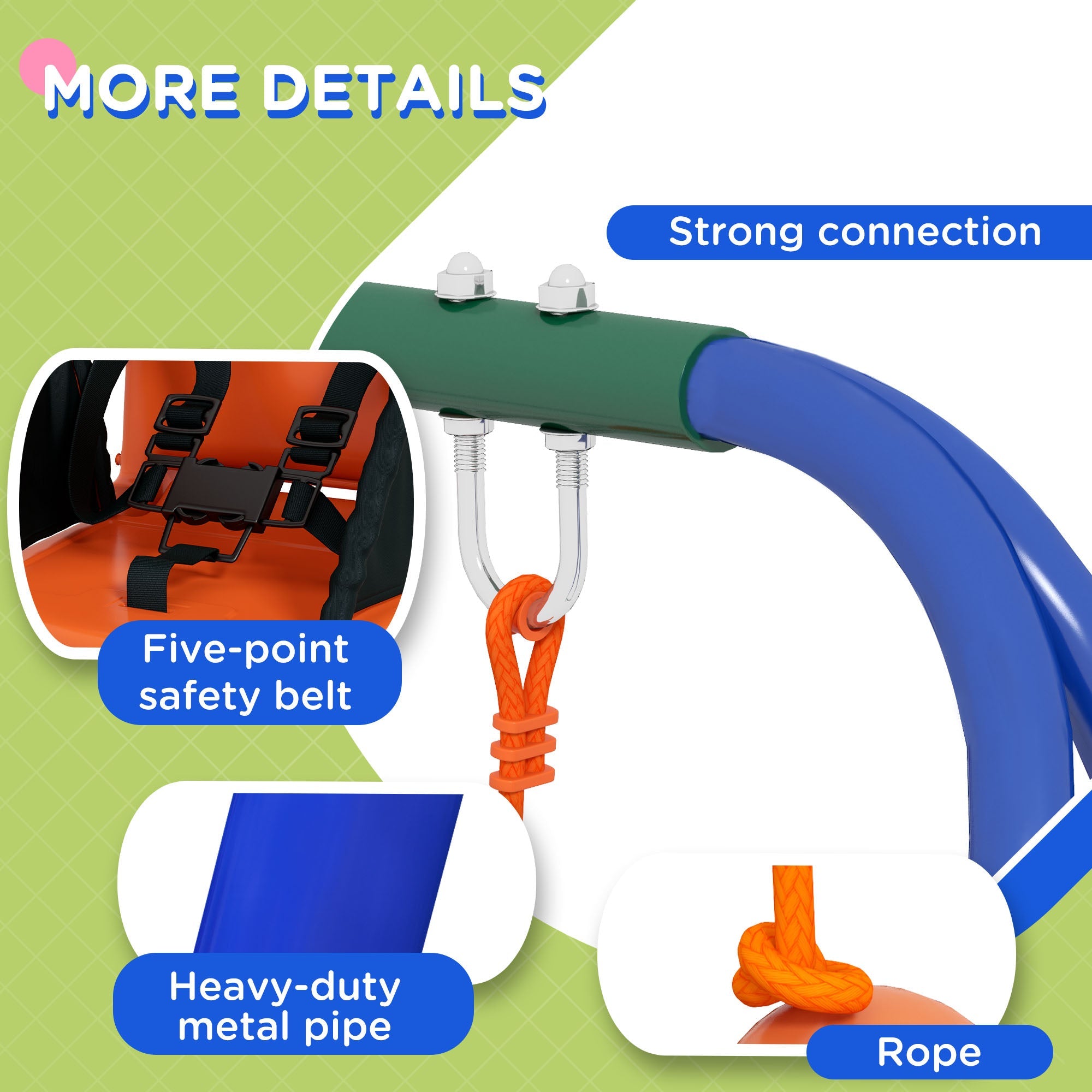 Outsunny Heavy Duty Kid Swing Set with Safety Harness, Suitable for Babies 6 Months+, Indoor/Outdoor Use, Vibrant Orange 