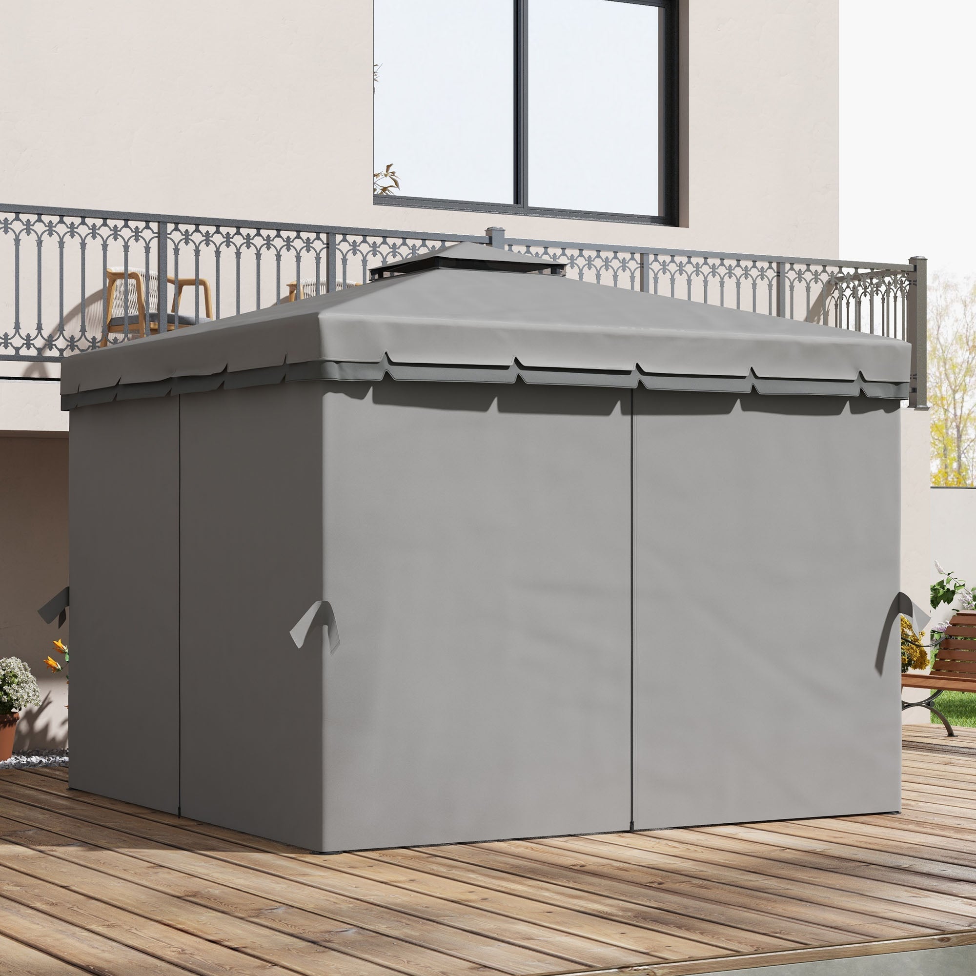 Outsunny 10' x 10' 2-Tier Outdoor Gazebo Canopy Tent with Zippered Mesh Sidewalls, Aluminum Frame for Patio, Backyard Light Grey 