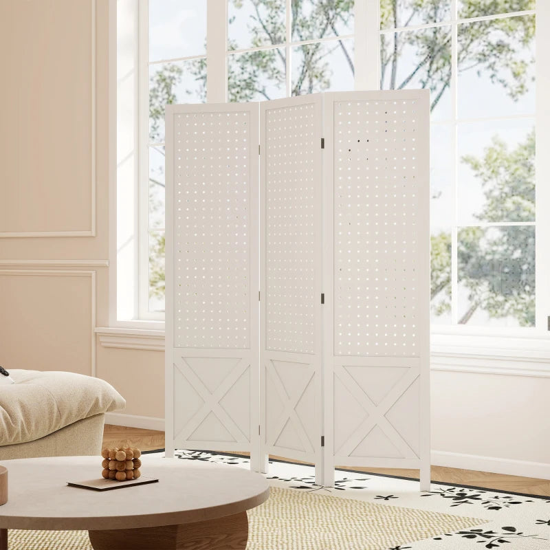 56.9" 3 Panel Wooden Room Divider with Pegboard Display, Folding Privacy Screen for Home Office, White