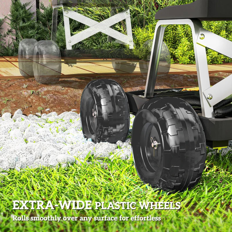 Garden Seat with Wheels, Rolling Garden Stool with Tool Tray, Cart for Outdoor Work, 19.7" x 19.3" x 12.6", Black