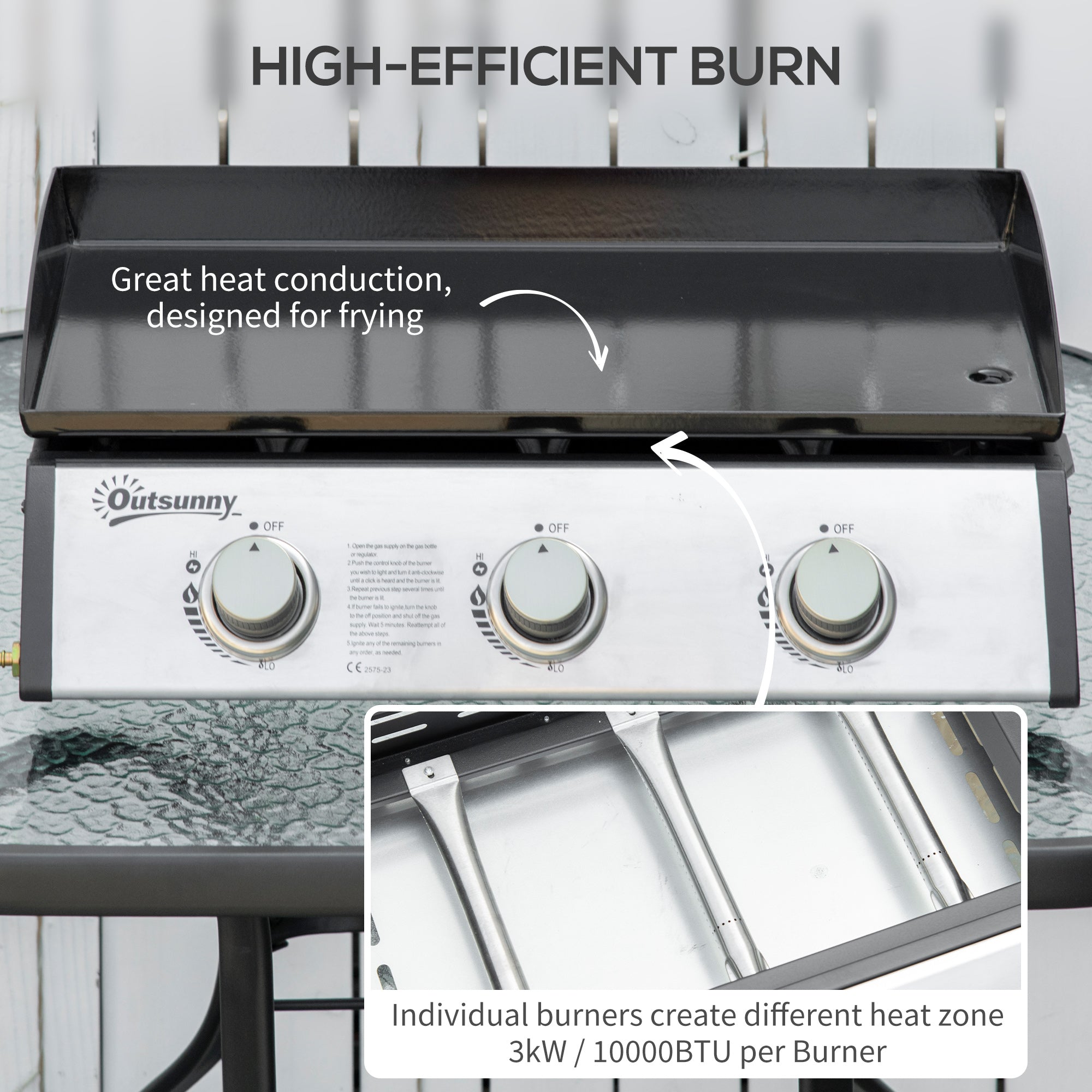 Outsunny 3 Burner Liquefied Gas Grill, Portable Tabletop BBQ Grill, for Camping, Picnic, Silver 