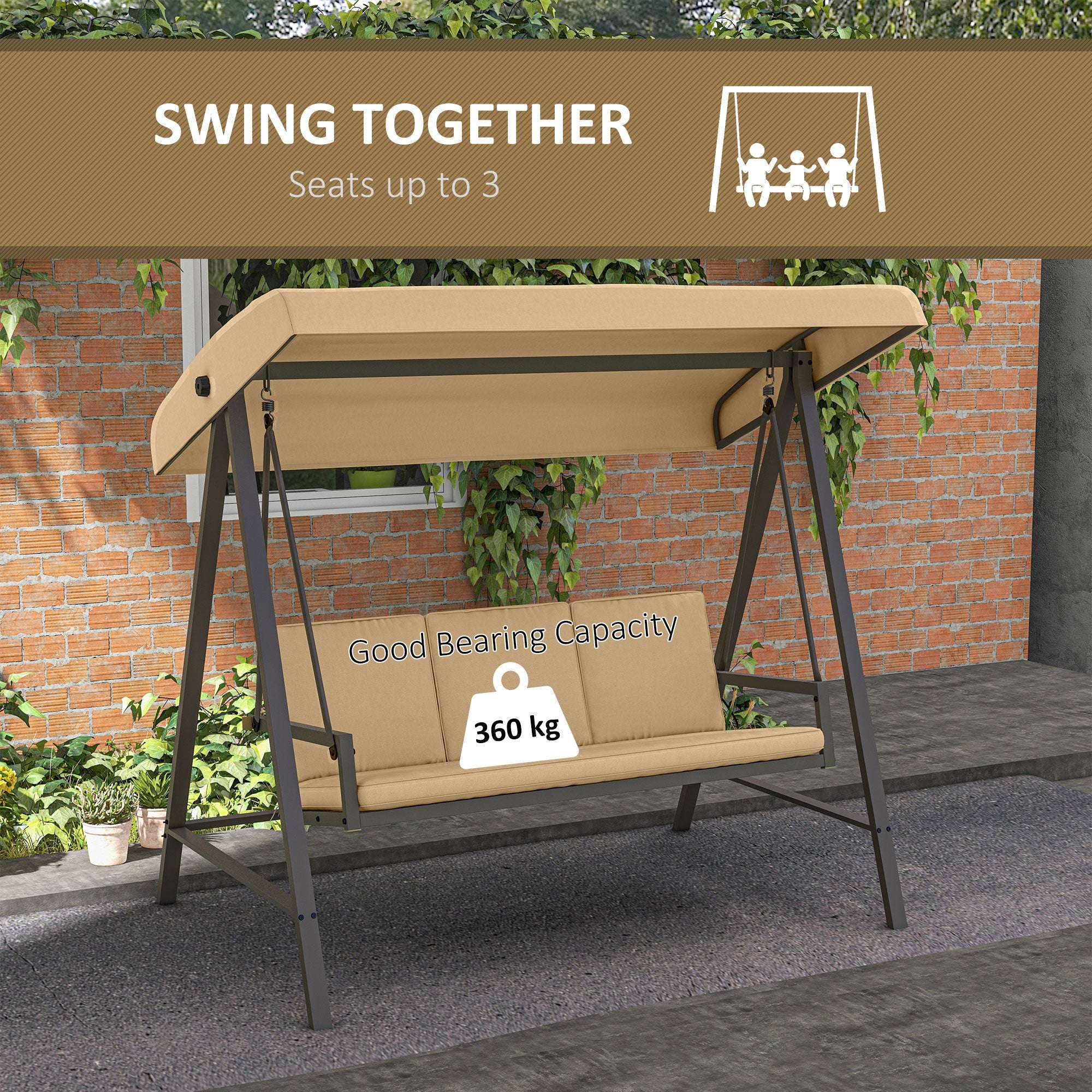 Outsunny 3 Seater Patio Swing Chair, Porch Swing with Adjustable Canopy and Removable Cushions, Outdoor Swing Seat, Beige 