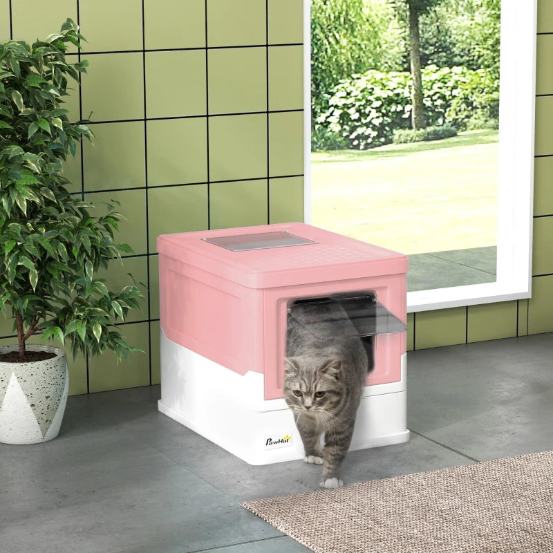 Top Entry Enclosed Kitty Litter Box with Scoop, Tray, Front Entry, Large Space, Foldable, Portable, Pink