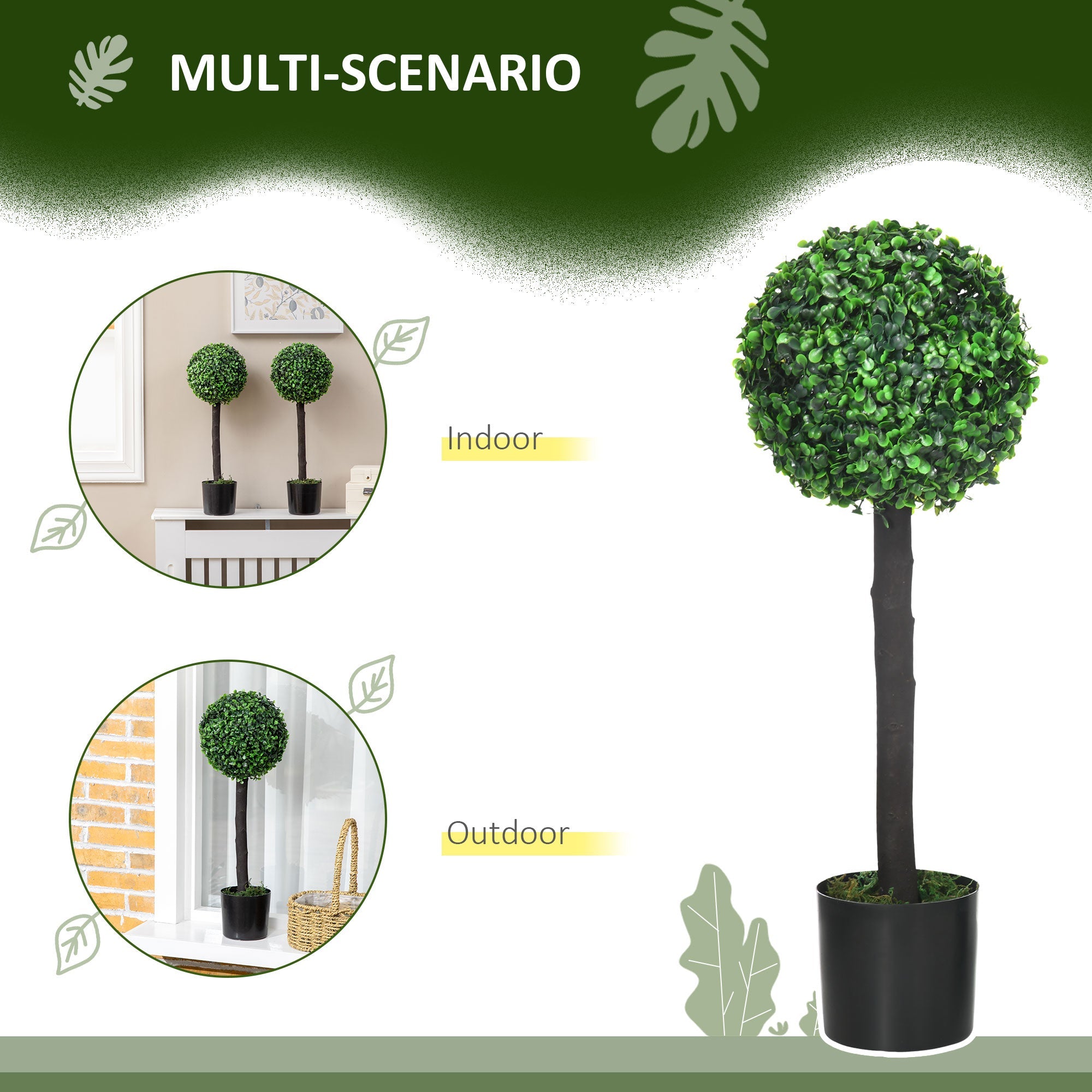 HOMCOM 2ft Artificial Boxwood Ball Trees: Set of 2 Fake Plants in Pot for Indoor Outdoor, Green 
