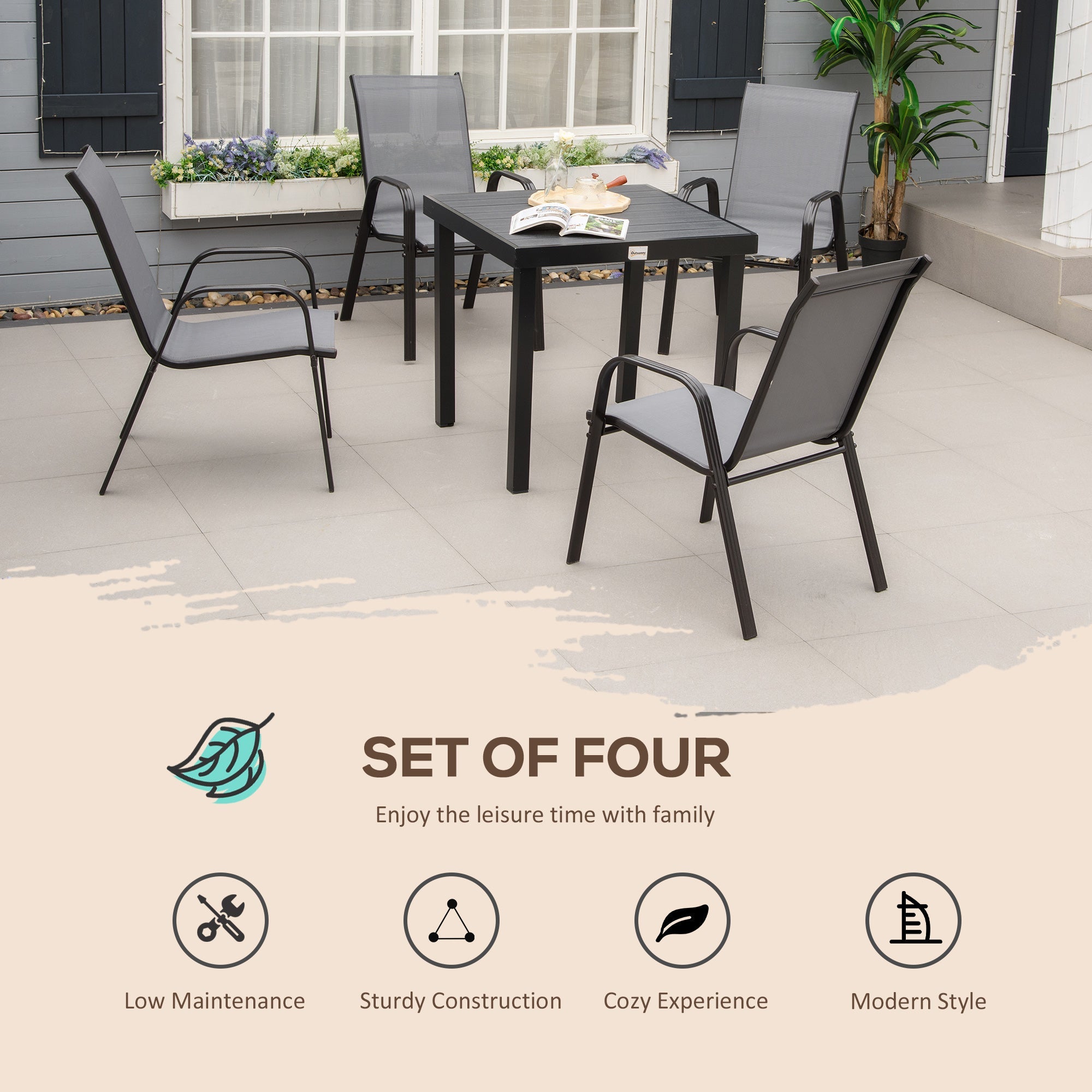 Outsunny Set of 4 Outdoor Dining Chairs, Heavy Duty Stackable Patio Dining Set with Armrests for Balcony Garden, Dark Grey 